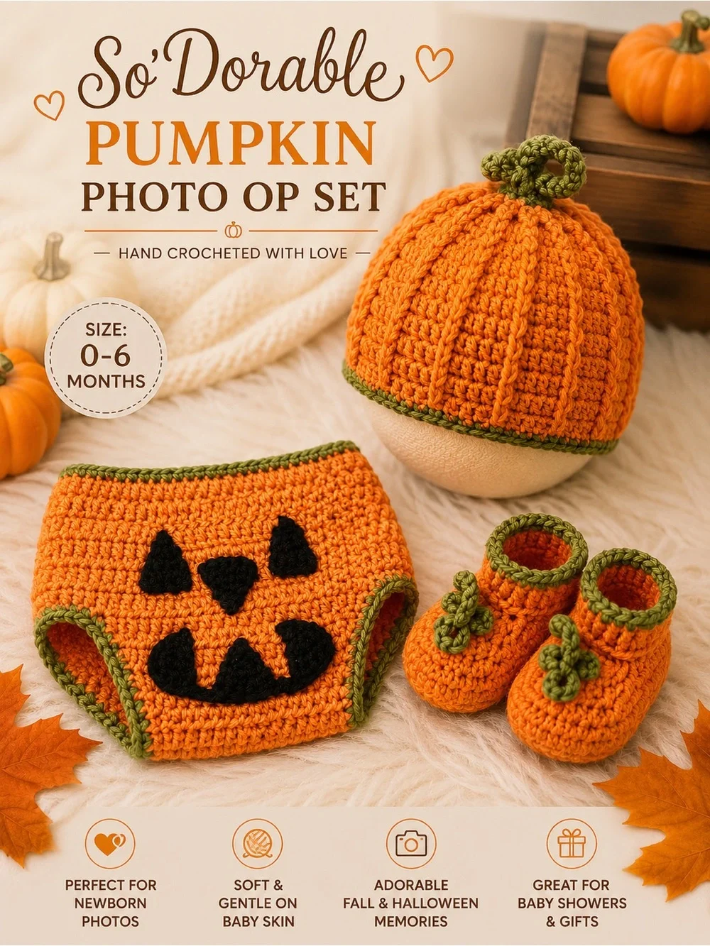 Pumpkin Crochet Baby Hat Diaper Cover and Booties Set - Orange